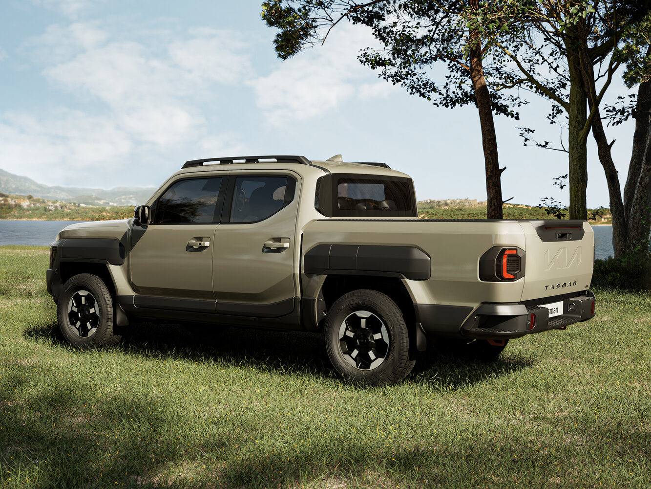 Kia Tasman, , 2025–2026, Pickup Двойная кабина: Rear three-quarter view