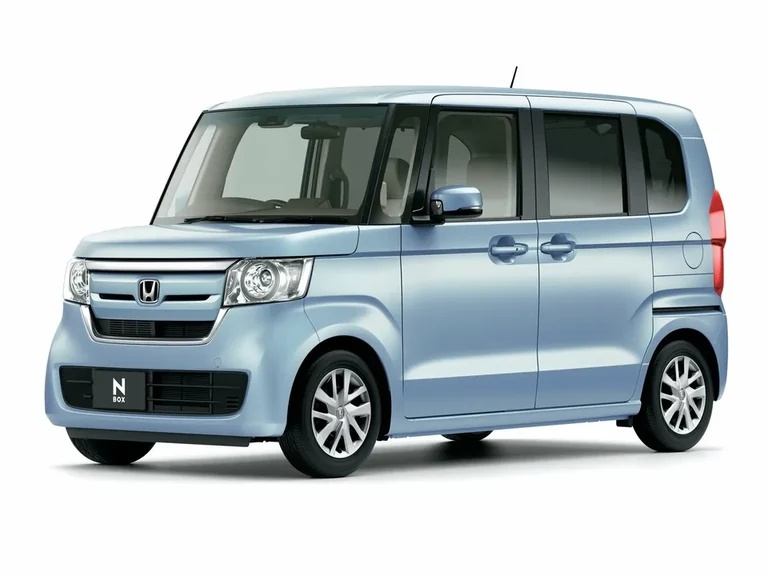 Honda N-BOX второго поколения, светло-голубой кузов, студийный кадр, табличка N BOX на бампере