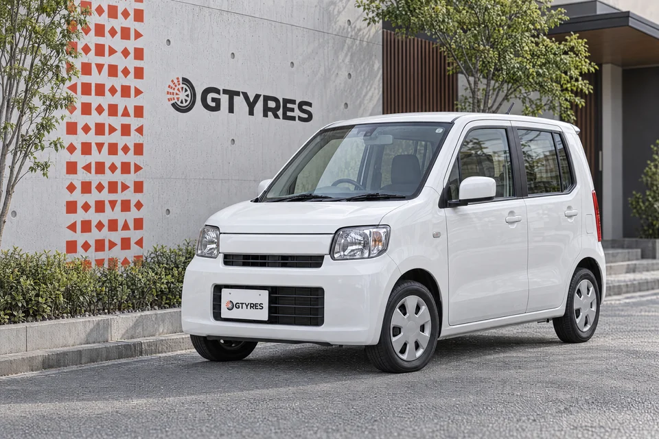 Белый японский kei-car на городской улице — иллюстрация