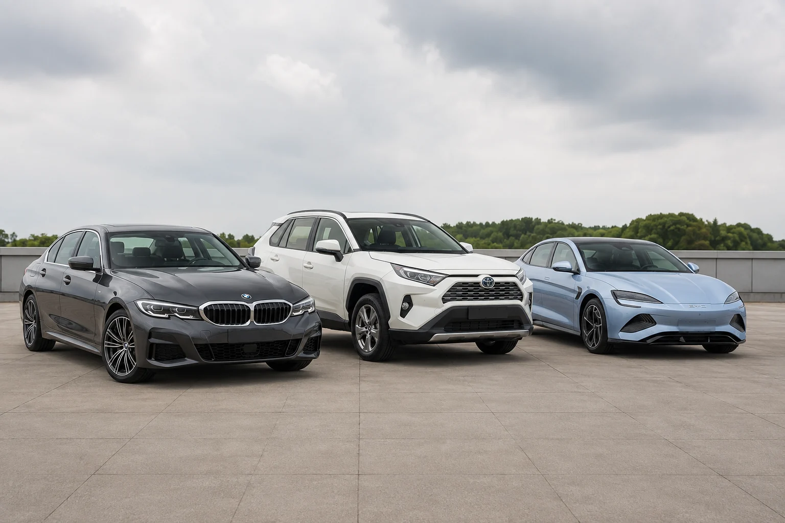Седан BMW рядом с Toyota RAV4 и электромобилем BYD &mdash; иллюстрация выбора автомобиля из Китая