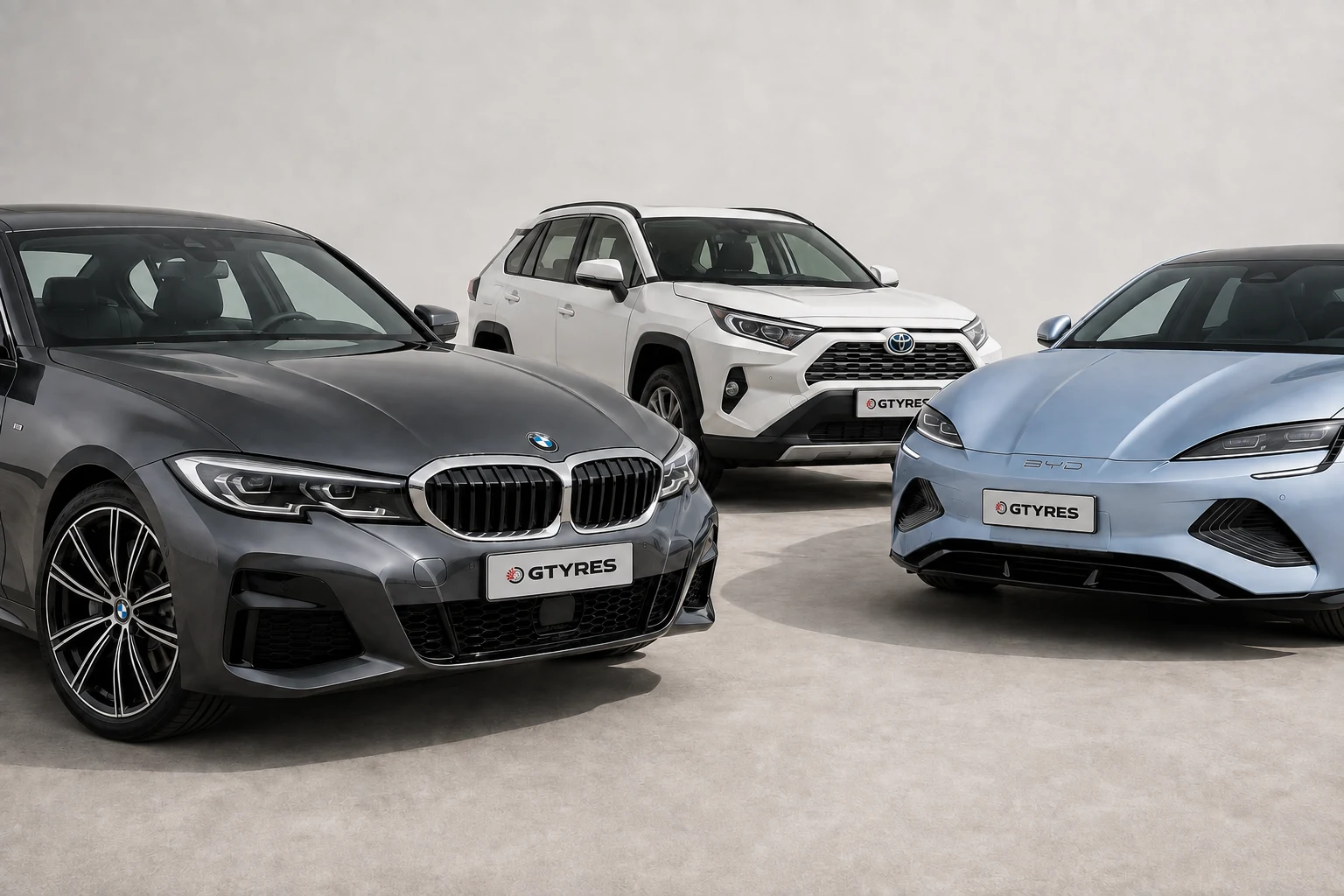 A petrol BMW, Toyota RAV4 Hybrid and BYD Seal EV — selection illustration