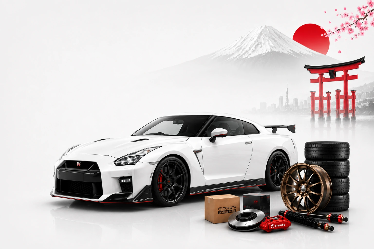 GT-R, tyres, wheels and parts with Mount Fuji and a torii — GTYRES brand illustration