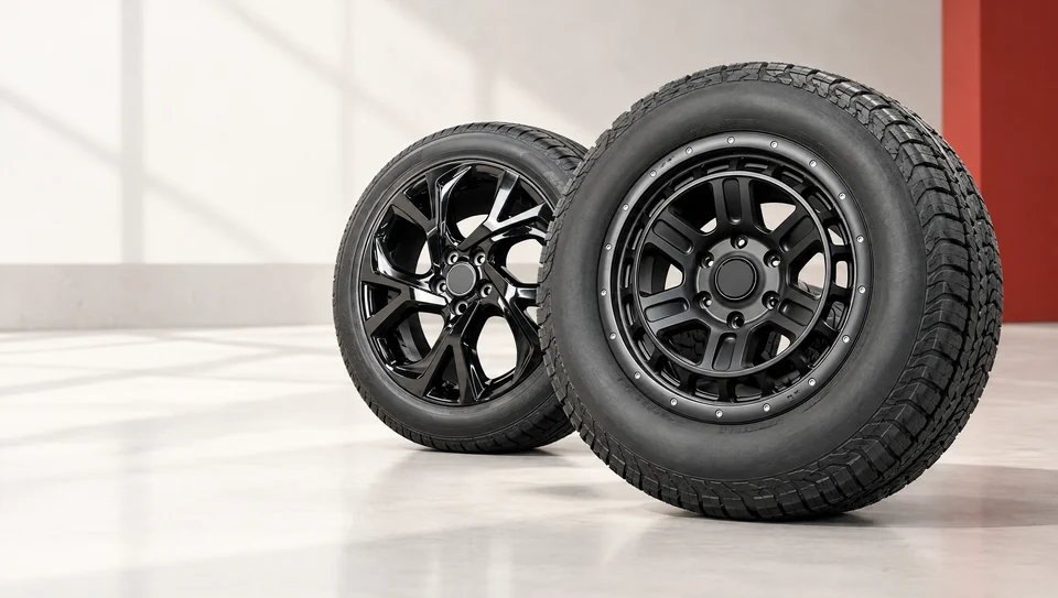 Illustration: two black wheels with tyres in a light studio with a red wall on the right