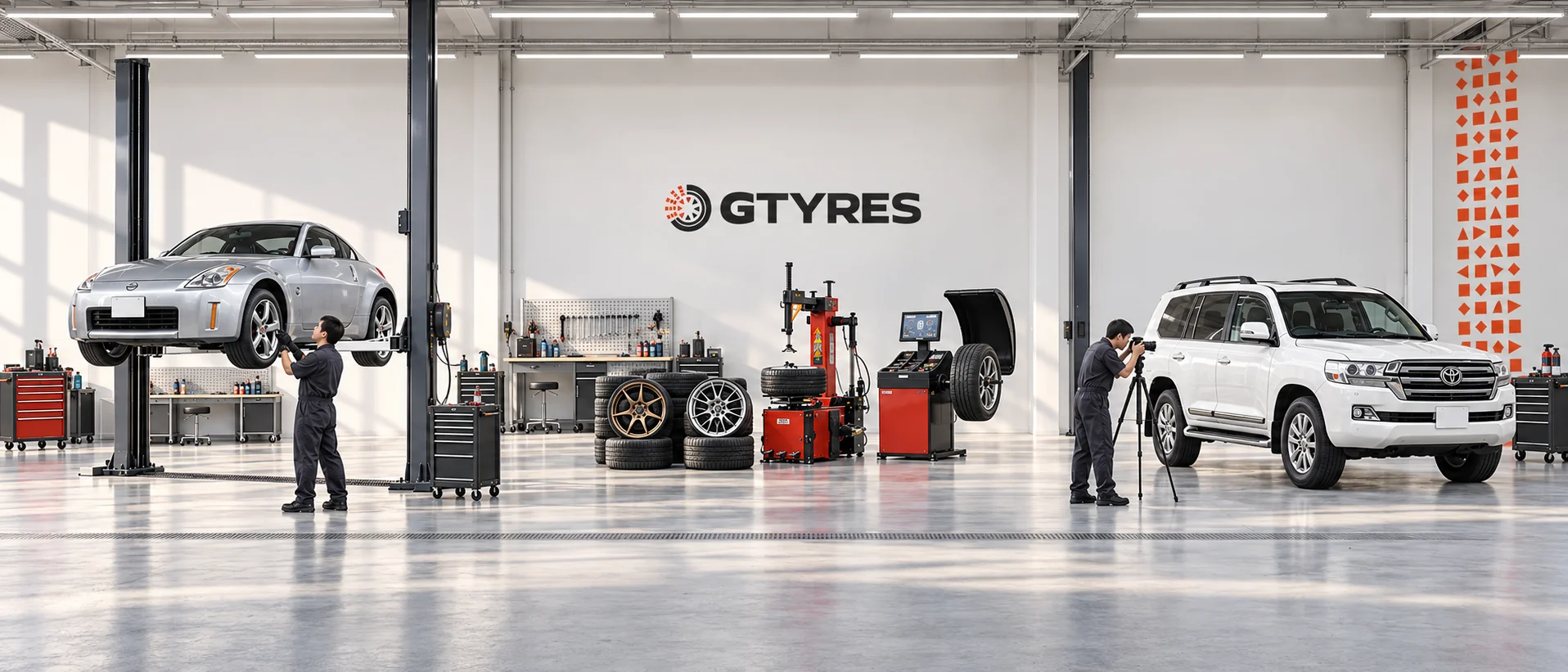 GTYRES services: Nissan 350Z maintenance, wheel preparation and Toyota Land Cruiser 200 photo inspection — illustration