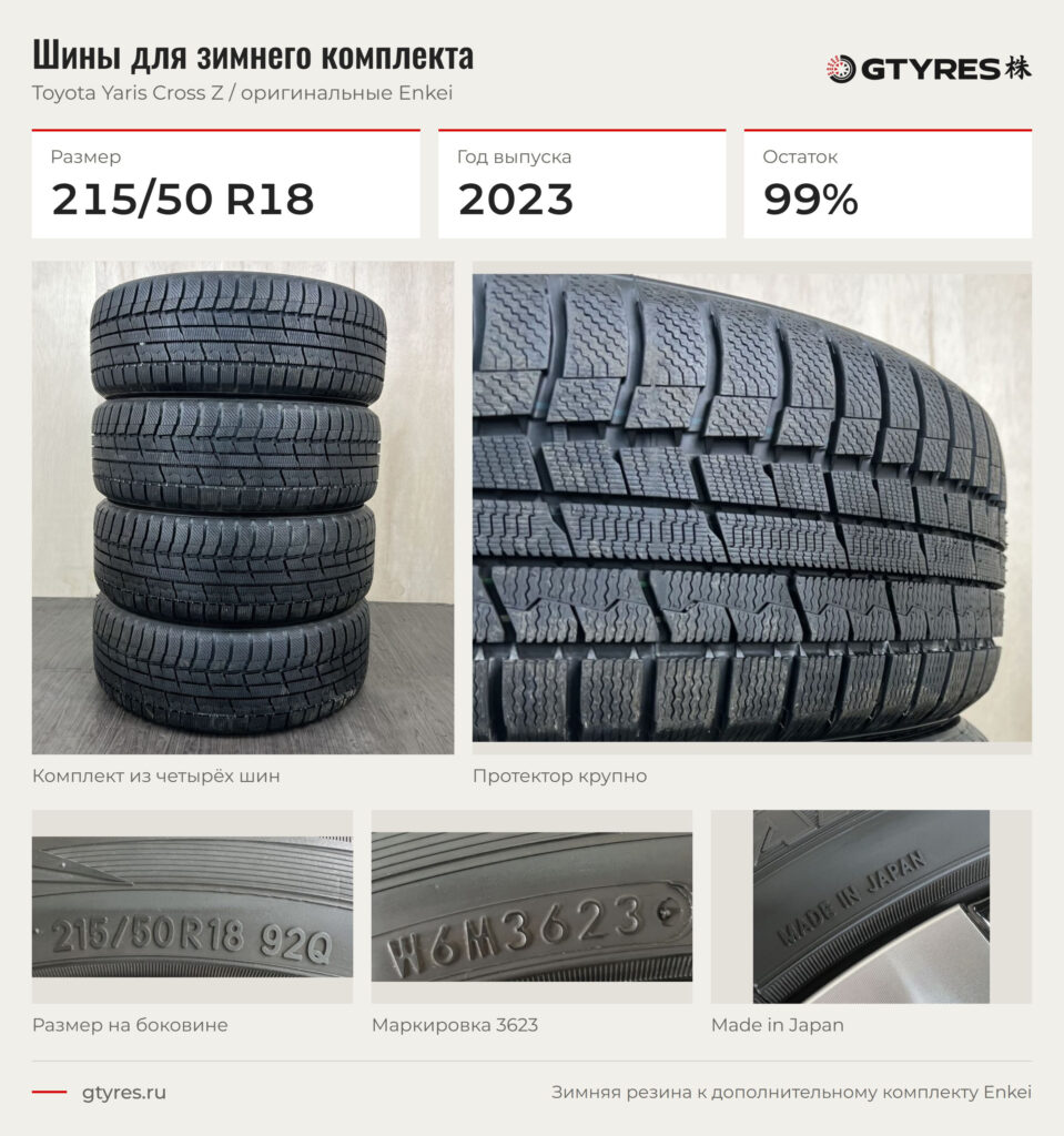 Зимние шины 215/50 R18, 2023 года, с остатком 99%: комплект, протектор и маркировки крупно.