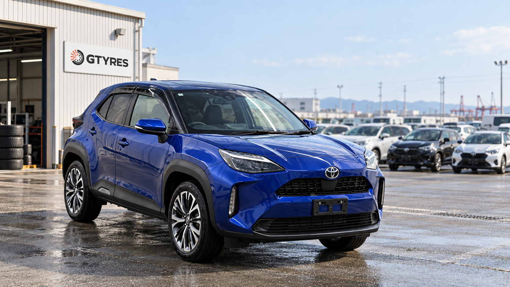 Синий Toyota Yaris Cross в нейтральной обстановке; редакционная иллюстрация